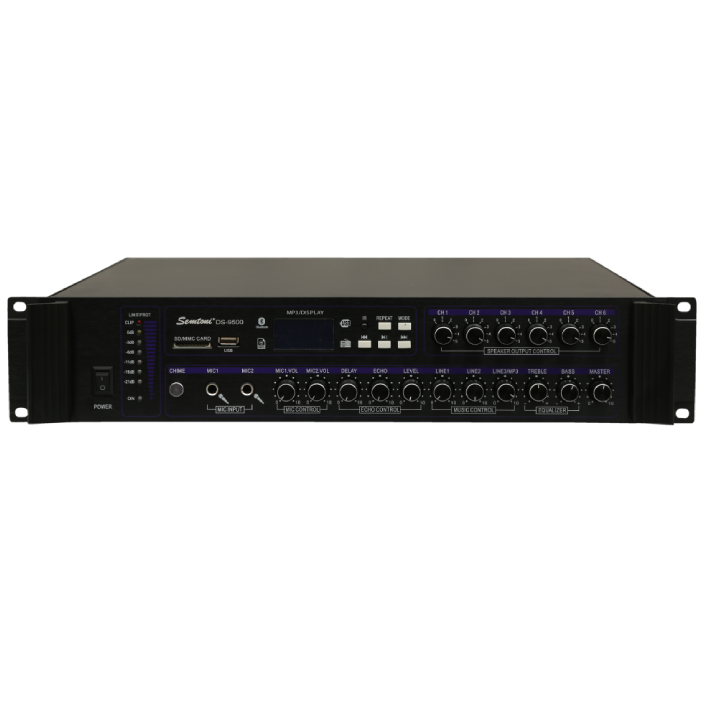 SEMTONI  AMPLIFIER 500 W  USB -MP3/DISPLAY  BLUETOOTH - USB  MIC INPUT - ECHO  CONTROL  EQUALIZER - RADIO  6 channels - 220 V  3 lines